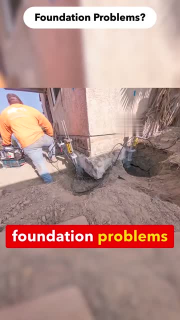 Foundation Problems banner above real pier repair footage and red captions with the active word in yellow